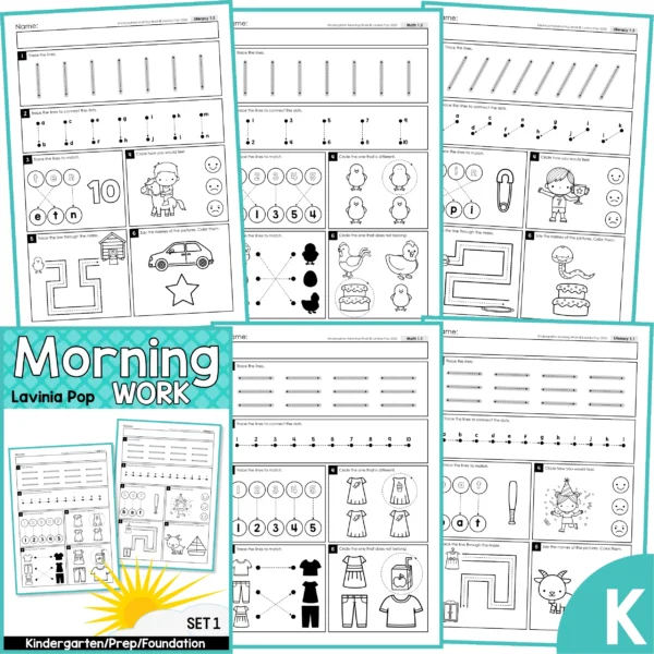 Kindergarten Morning Work Set 1. Build independence | Focus on basic skills and concepts | Pencil control.