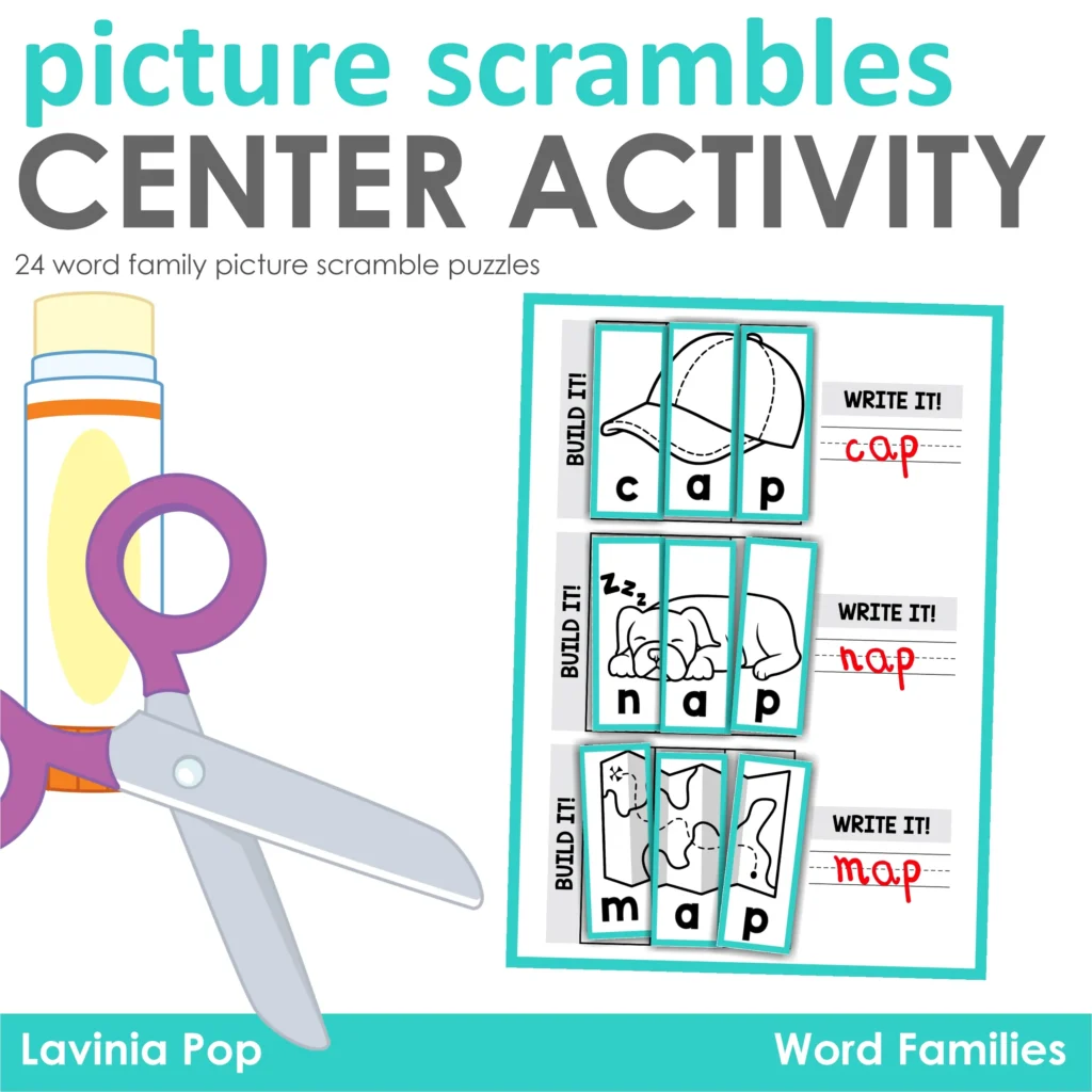 CVC Picture Scrambles Cut and Paste Activity | Word Families