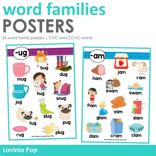 24 word family posters CVC and CCVC words