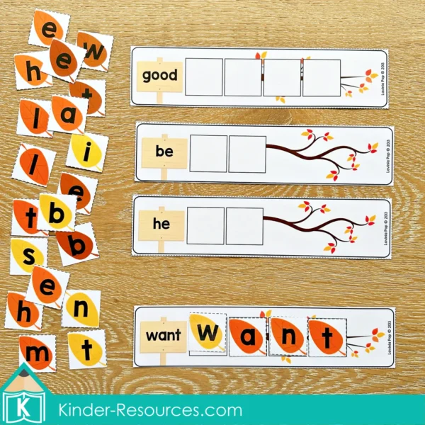 Kindergarten Literacy Centers Autumn Fall Sight Word spelling activity
