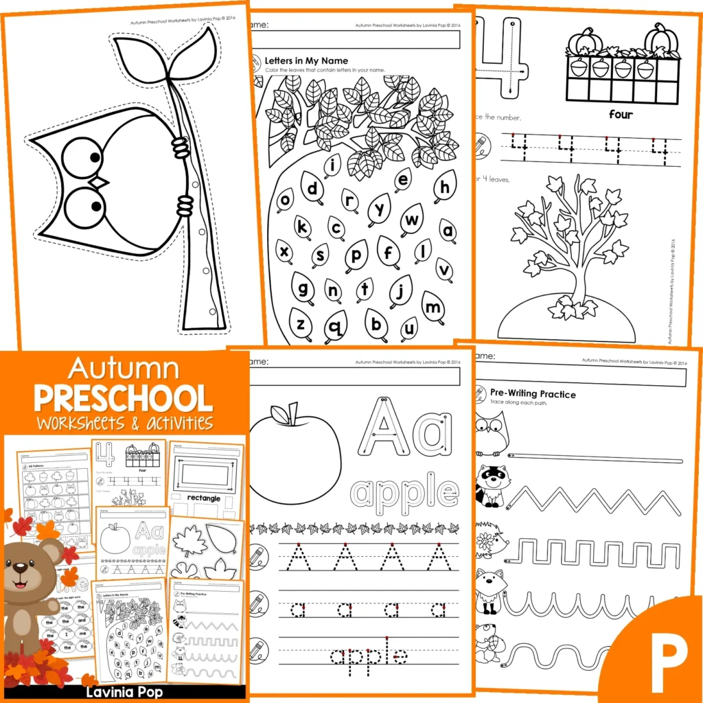 Autumn preschool printables with owl craft template, name recognition leaves, number four tracing, apple alphabet tracing, and prewriting practice page.
