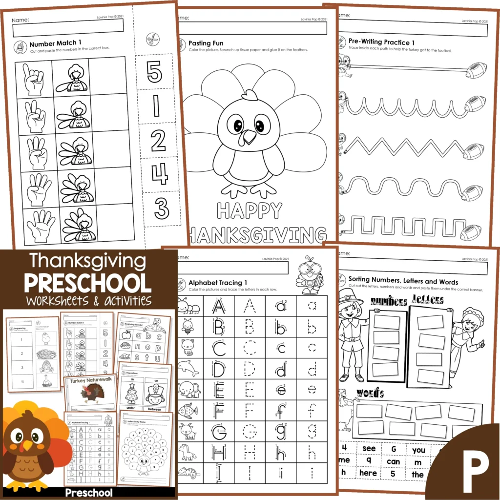 Thanksgiving Preschool Kindergarten Printable Worksheets and Activities Math Literacy No Prep
