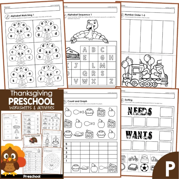 Thanksgiving Preschool Kindergarten Printable Worksheets and Activities Math Literacy No Prep