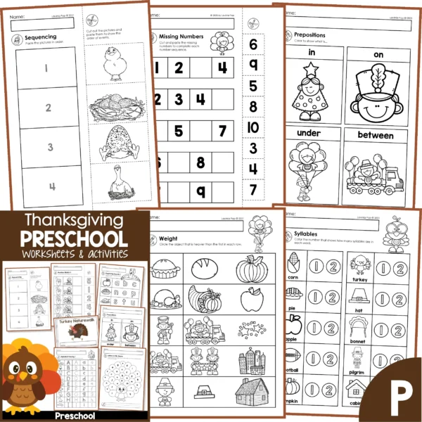 Thanksgiving Preschool Kindergarten Printable Worksheets and Activities Math Literacy No Prep