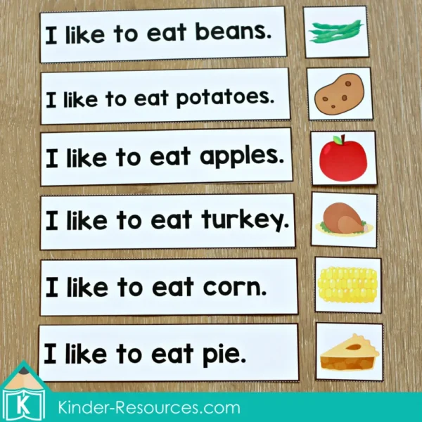 Thanksgiving Literacy Centers for Kindergarten Sentence and Picture Match