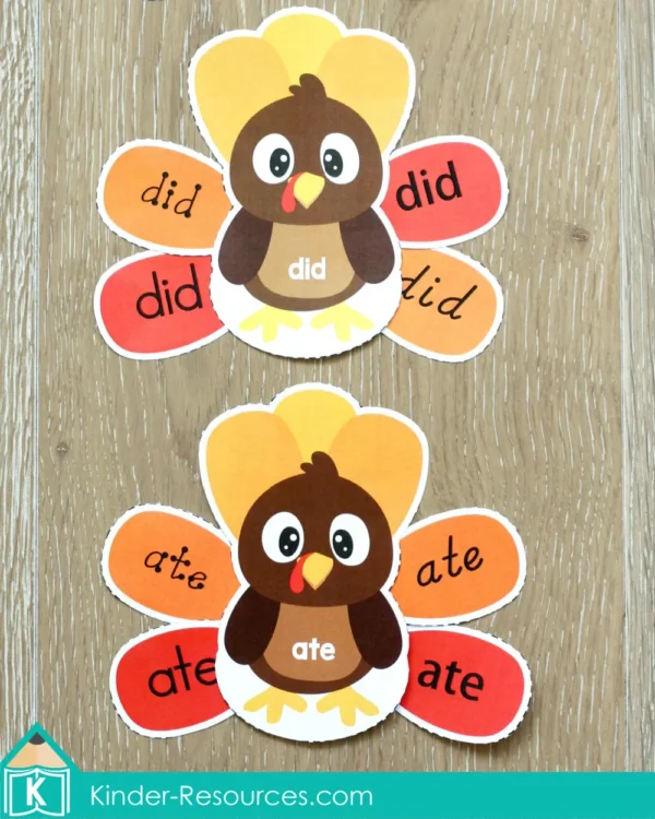 Thanksgiving Literacy Centers for Kindergarten Sight Word Turkey matching activity