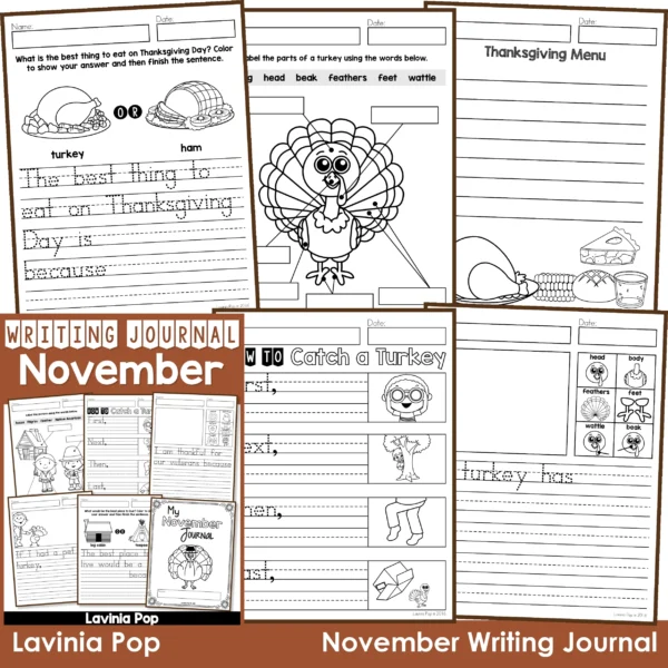 November Writing Journal Prompts Thanksgiving | Veteran's Day | Pilgrims | Turkeys