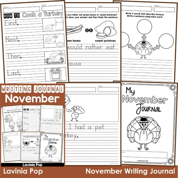 November Writing Journal Prompts Thanksgiving | Veteran's Day | Pilgrims | Turkeys