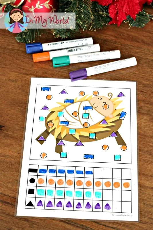 Christmas Nativity Preschool Centers. Baby Jesus count and graph the shapes printable activity.