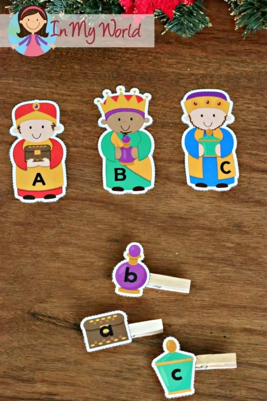 Christmas Nativity Preschool Centers. Wise men and gifts upper and lower case letter match.