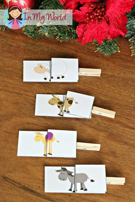 Christmas Nativity Preschool Centers. Animals head and tails matching activity.