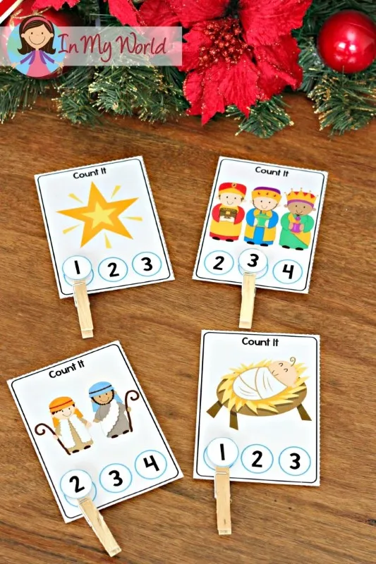 Christmas Nativity Preschool Centers. Count how many clip cards.