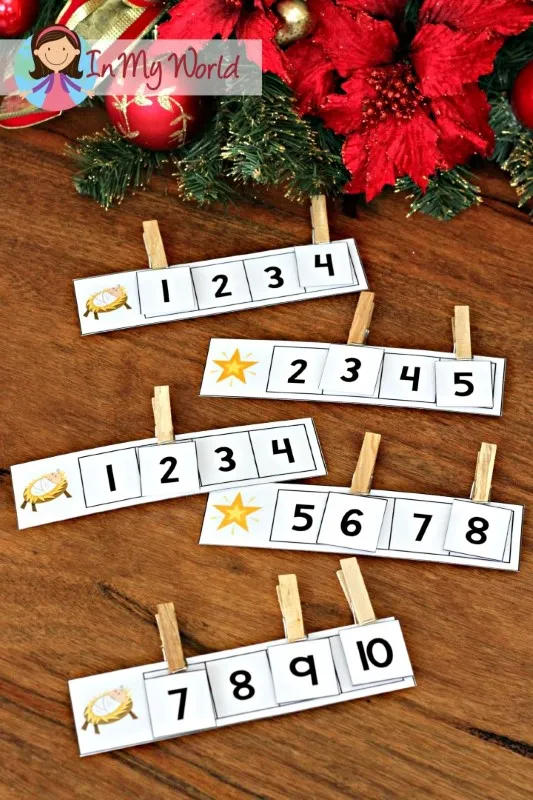 Christmas Nativity Preschool Centers. Missing numbers clip activity.
