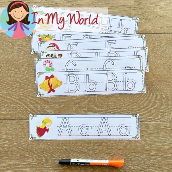 11 printable Christmas literacy center activities for Kindergarten | Morning Tubs | Bins. Alphabet Tracing Cards.