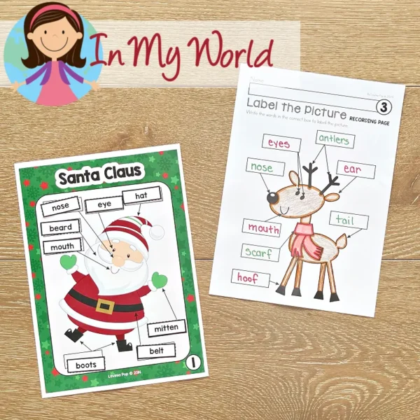 11 printable Christmas literacy center activities for Kindergarten | Morning Tubs | Bins. Label the pictures.