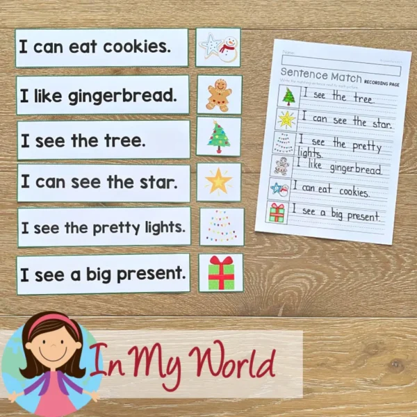 11 printable Christmas literacy center activities for Kindergarten | Morning Tubs | Bins. Sentence and Picture Match.