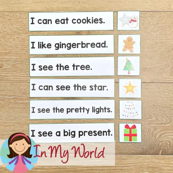 11 printable Christmas literacy center activities for Kindergarten | Morning Tubs | Bins. Sentence and Picture Match.