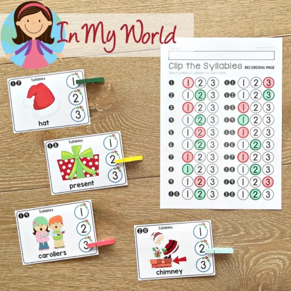 11 printable Christmas literacy center activities for Kindergarten | Morning Tubs | Bins. Syllables.