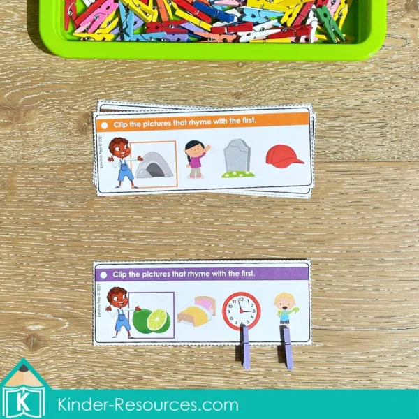 Kindergarten Morning Tubs Bins Clip the Rhyming Words Task Cards