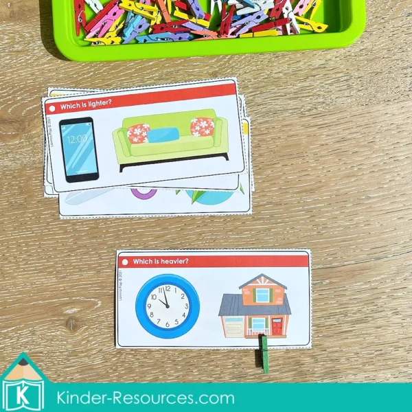 Kindergarten Morning Tubs Bins Measurement Task Cards Which is heavier