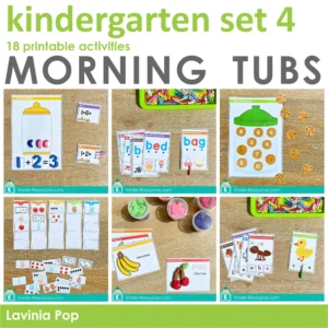 Kindergarten Morning Tubs | Bin Set 4. 18 printable activities to be used with a variety of manipulatives.