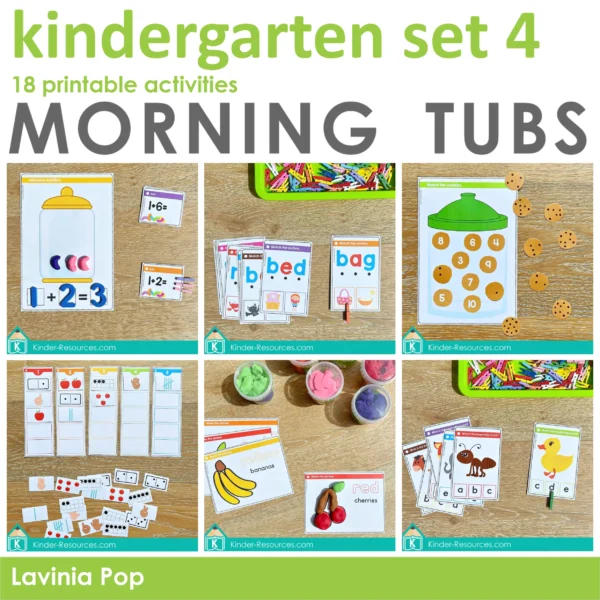 Kindergarten Morning Tubs | Bin Set 4. 18 printable activities to be used with a variety of manipulatives.