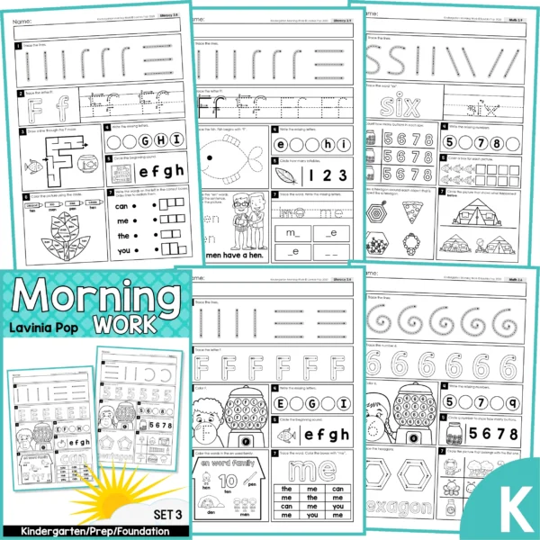 Kindergarten Morning Work Set 3. Printable worksheets that focus on: letters, numbers, word families, sight words, numbers and shapes.