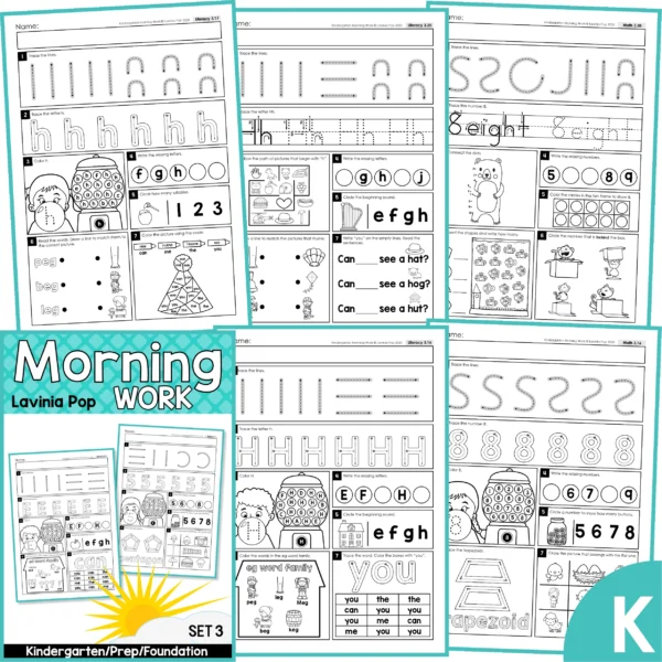 Kindergarten Morning Work Set 3. Printable worksheets that focus on: letters, numbers, word families, sight words, numbers and shapes.