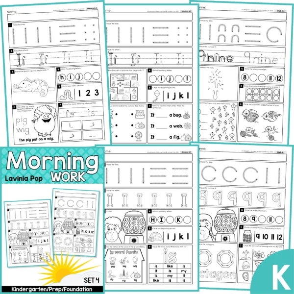 Kindergarten Morning Work Set 4. Printable worksheets that focus on: letters, numbers, word families, sight words, numbers and shapes.