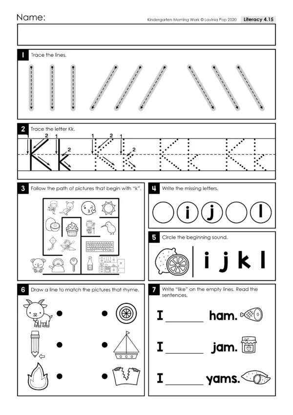 Kindergarten Morning Work Set 4. Printable worksheets that focus on: letters, numbers, word families, sight words, numbers and shapes.