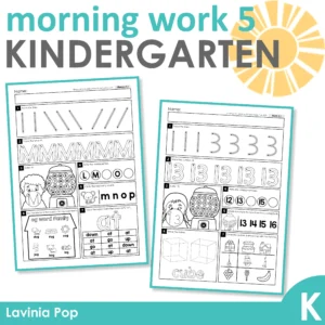 Kindergarten Morning Work Set 5. Printable worksheets that focus on: letters, numbers, word families, sight words, teen numbers and 3D shapes.