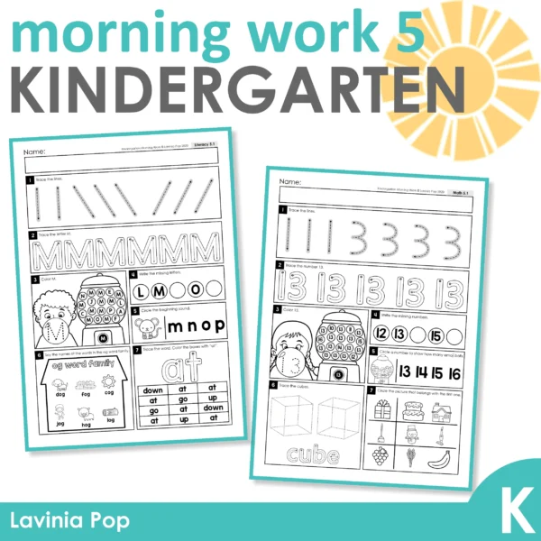 Kindergarten Morning Work Set 5. Printable worksheets that focus on: letters, numbers, word families, sight words, teen numbers and 3D shapes.