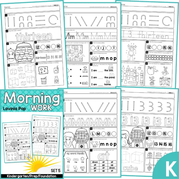 Kindergarten Morning Work Set 5. Printable worksheets that focus on: letters, numbers, word families, sight words, teen numbers and 3D shapes.