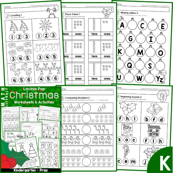 A set of Christmas No Prep printable math and literacy worksheets for Kindergarten.