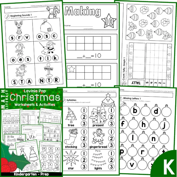 A set of Christmas No Prep printable math and literacy worksheets for Kindergarten.