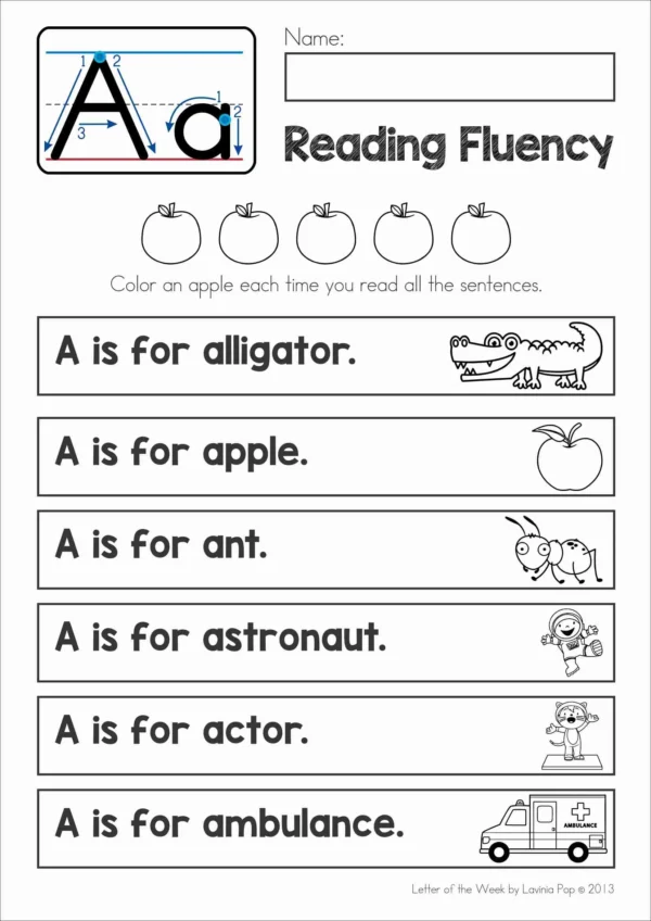 A Alphabet Phonics Letter of the Week Worksheets & Activities | Beginning sounds reading fluency sentence strips