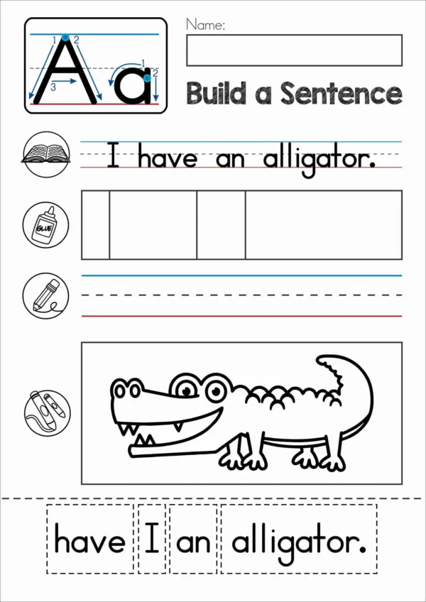 A Alphabet Phonics Letter of the Week Worksheets & Activities | Build a sentence cut and paste worksheets