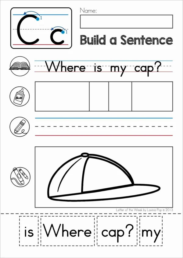 C Alphabet Phonics Letter of the Week Worksheets & Activities | Build a sentence cut and paste worksheets
