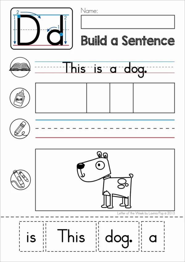 D Alphabet Phonics Letter of the Week Worksheets & Activities | Build a sentence cut and paste worksheets