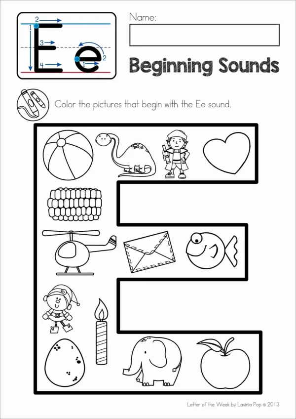 E Alphabet Phonics Letter of the Week Worksheets & Activities | Beginning Sounds coloring page