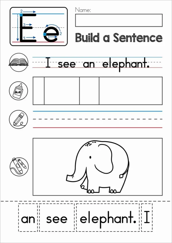 E Alphabet Phonics Letter of the Week Worksheets & Activities | Build a Sentence cut and paste worksheets