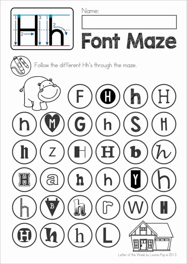 H Alphabet Phonics Letter of the Week Worksheets & Activities | Font discrimination maze