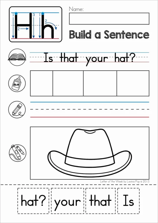 H Alphabet Phonics Letter of the Week Worksheets & Activities | Build a sentence cut and paste worksheets