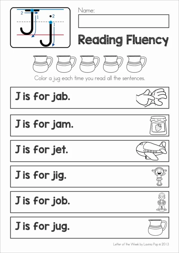 J Alphabet Phonics Letter of the Week Worksheets & Activities | Beginning sounds Reading fluency sentence strips