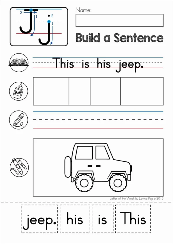 J Alphabet Phonics Letter of the Week Worksheets & Activities | Build a sentence cut and paste worksheets