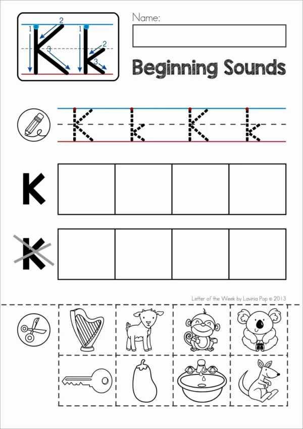 K Alphabet Phonics Letter of the Week Worksheets & Activities | Writing Practice _ Beginning sounds cut and paste sorting activity