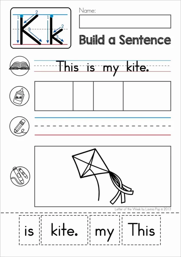 K Alphabet Phonics Letter of the Week Worksheets & Activities | Build a Sentence cut and paste worksheets