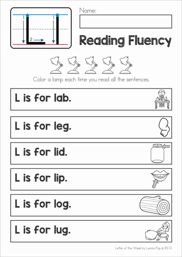 L Alphabet Phonics Letter of the Week Worksheets & Activities | Beginning sounds reading fluency sentence strips