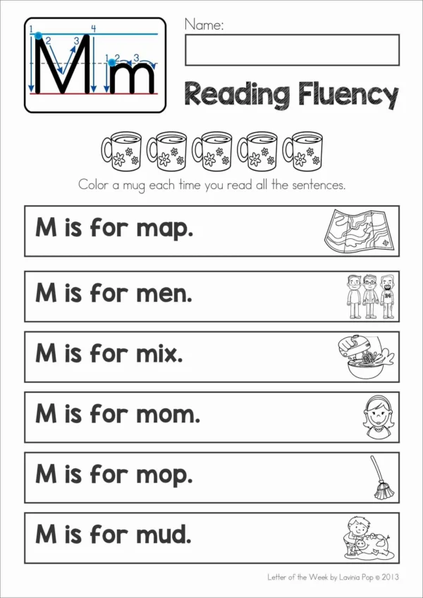 M Alphabet Phonics Letter of the Week Worksheets & Activities | Beginning sounds reading fluency strips
