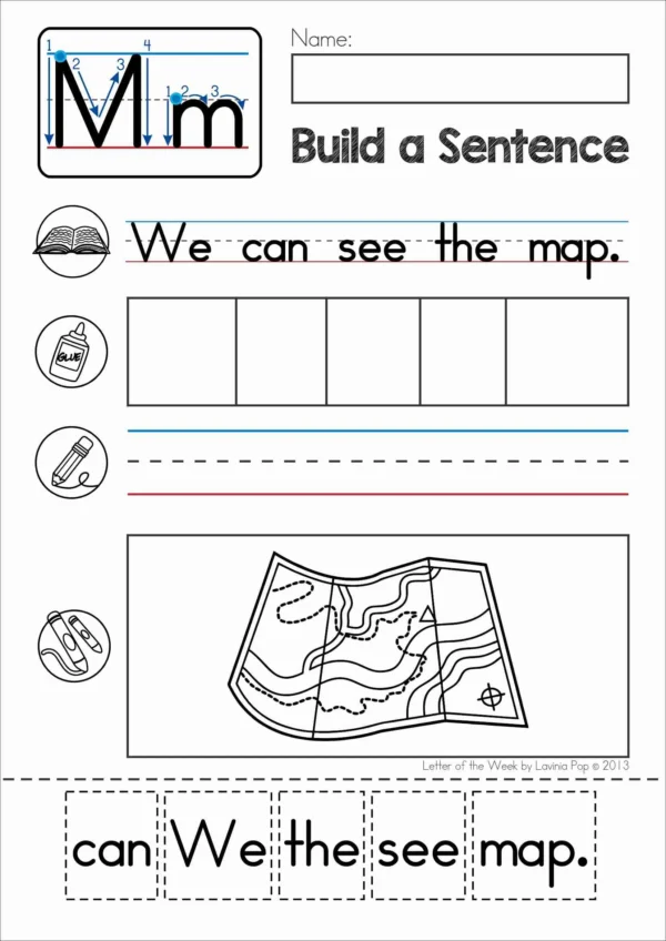 M Alphabet Phonics Letter of the Week Worksheets & Activities | Build a Sentence cut and paste workhseets